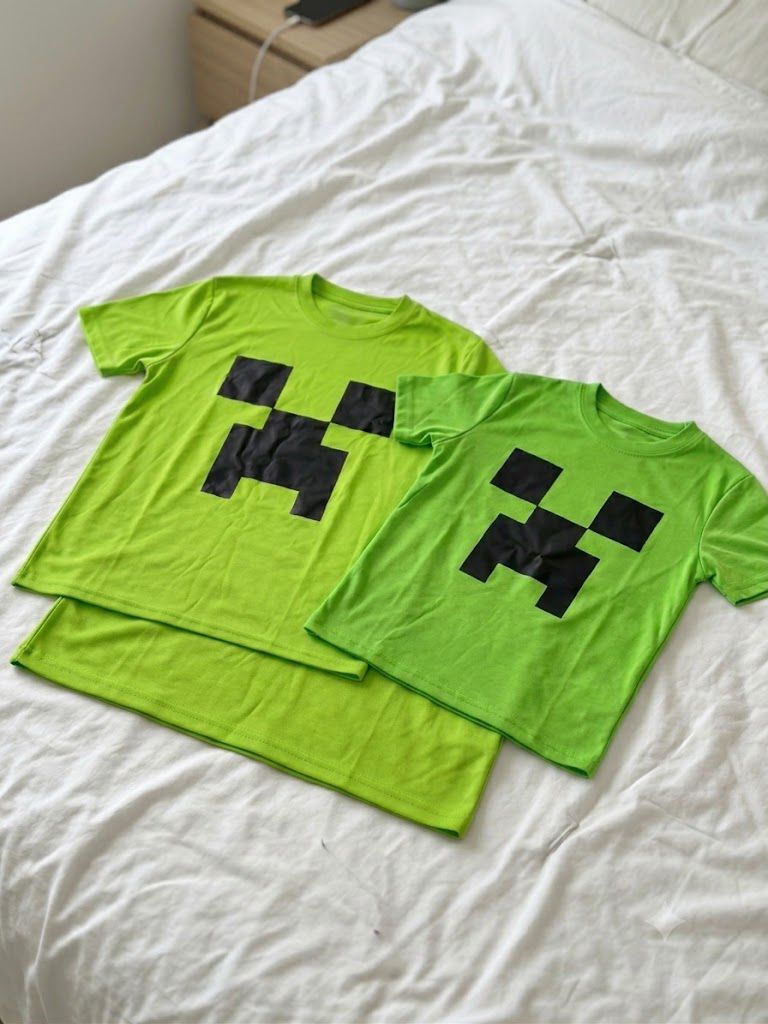 Dos polos verdes con estampado pixelado negro sobre una cama blanca