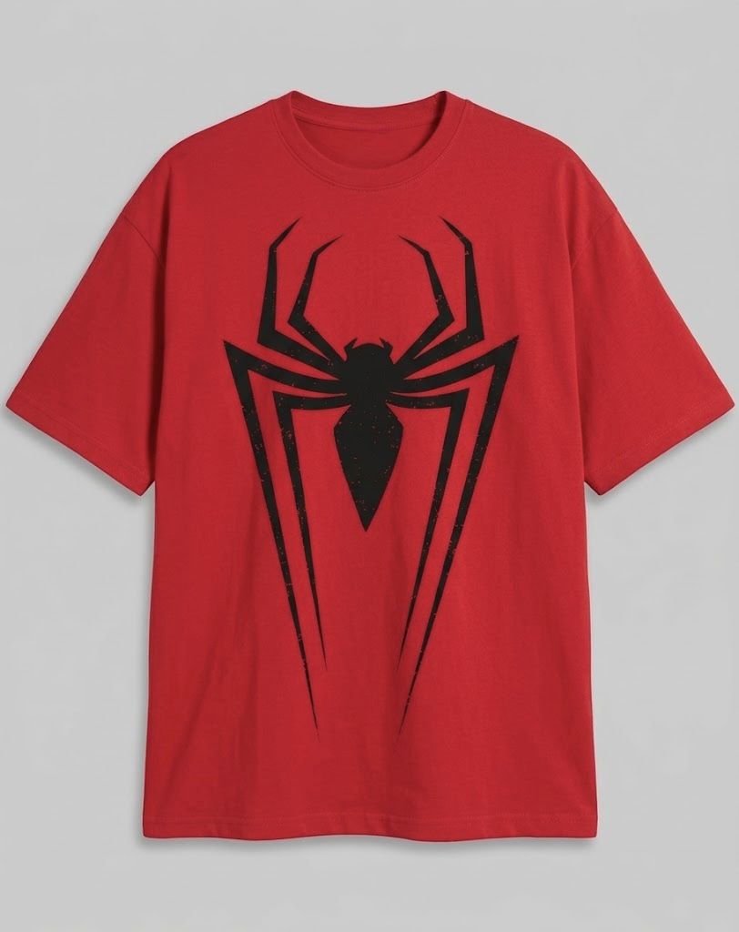 Polo oversized rojo con estampado negro de una araña, diseño personalizado de Roma Store